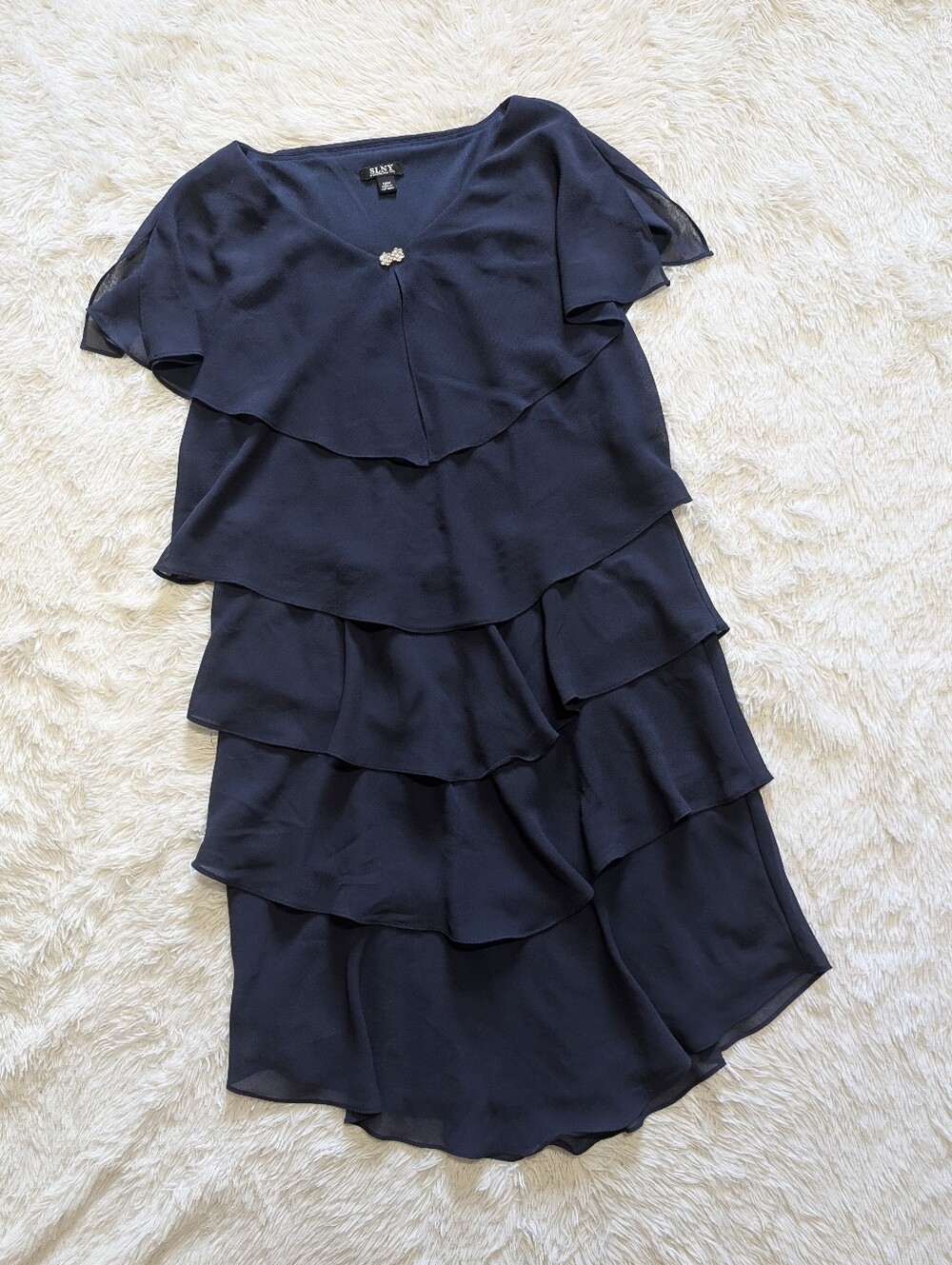 SLNY Navy Blue Tiered Capelet Rhinestone Detail Flowy Ruffle Dress Size 14W - Picture 3 of 13